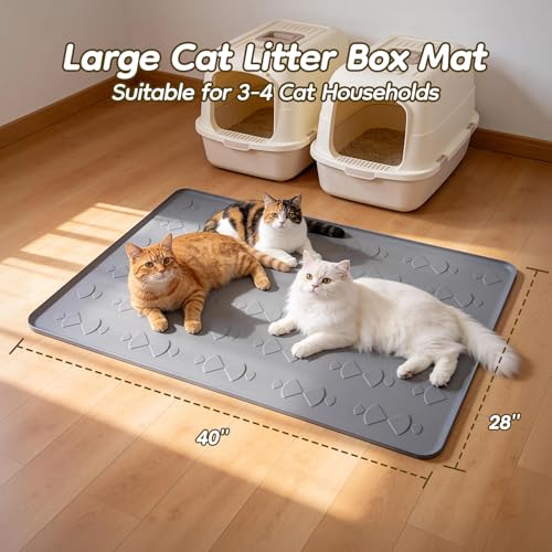Extra Large Cat Litter Mat, 40" x 28" Cat Litter Box Mat, Silicone Litter Trapping Mat, Soft on Kitty Paws & Easy to Clean for Floor, Waterproof/Urineproof Litter Pad for Indoor Cats - size: 40" × 28"