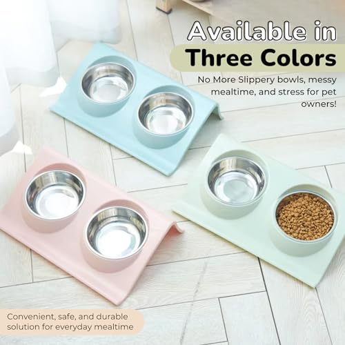 Double Dog Food Bowls Stainless Steel - Puppy Food and Water Bowl Set with Weighted Non-Slip Base - Non-Skid Design - Dog Bowl Set for Puppy Cats Kitten Small Medium Dogs - Green - color: Green