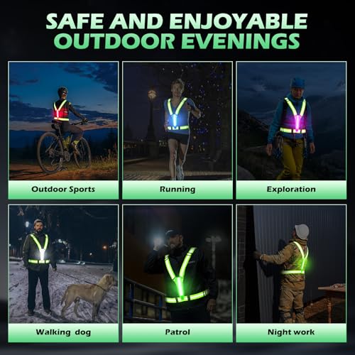 LED Reflective Running Vest - Light Up Running Vest with 3 Light Mode & 5 Colors, Reflective Vest & Running Lights for Runners, Rechargeable Night Running Gear - Reflective Belt Safety Vest