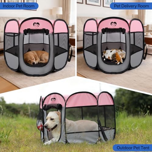 Dog Cat Playpen,Portable Foldable Tent- Pet Outdoor Exercise Crate Cage for Medium Dogs,Travel Camping Use for Small Animals with Carrying Case,Indoor Kennel for Sleeping(Pink,M) - size: Medium