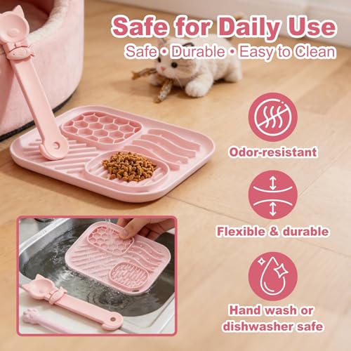 AZY 3-Piece Slow Feeder Cat Bowl and Lick Mat Set – Silicone Cat Treat Spoon & Feeding Mat for Wet Food, Enrichment and Slow Eating (Pink) - color: pink