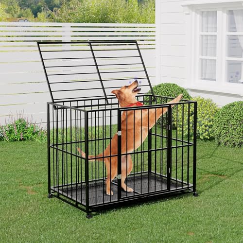 42 Inch Dog Crate for Medium Sized Dogs, Heavy Duty Stainless Steel Dog Kennel Indoor Escape Proof with Wheels and Removable Tray, Indestructible Dog Cage Stackable for Medium Small High Anxiety Dogs - size: 42 inch