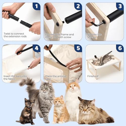 Cat Bed with Washable Pad - 9.5" Elevated Wooden Cat Hammock Bed, 360° View Design, Cot with Breathable Summer Mattress for Kitty, Puppy, Rabbit and All Pets - color: Cream Color (Thin)