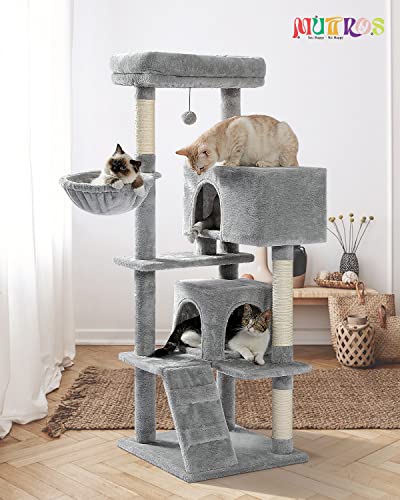 MUTTROS Cat Tree for Large Cats with Super Large Top Perch, 56.3" Cat Tower with Plush Hammock, Dangling Pompom, Cat Scratching Posts and 2 Condos House, Light Grey - color: Grey, size: 56.3inch
