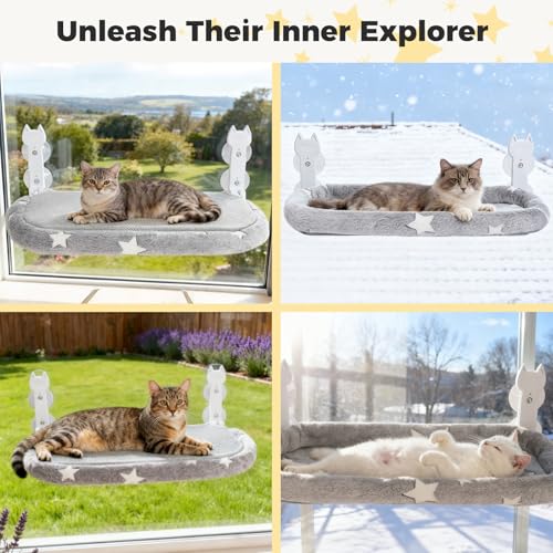 Cat Window Perch,Cordless Cat Window Hammock for Wall with 4 Strong Suction Cups,Solid Metal Frame and Two Replaceable Covers,Foldable Cats Bed for Large Cats and Kittens,Indoor Pet Seat,Grey M - size: Medium