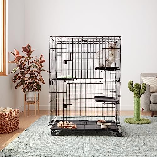 Amazon Basics Large 3-Tier Cat Cage Playpen with Easy to Clean Removable Tray, Front Doors, Portable, Foldable, 35.8" x 22.4" x 50.6", Black