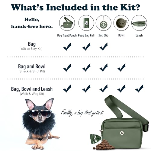 Puppington 3-in-1 Crossbody Dog Treat Pouch for Pet Training - Compostable Poop Bags, Built-In Poop Bag Dispenser, Slow-Feeding Travel Dog Bowl & Reflective Leash - Dog Walking Bag (Basil Green) - color: Basil Green