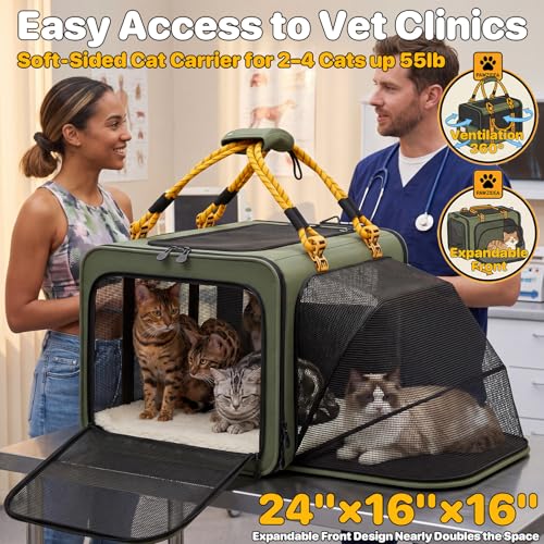 PAWZIDEA Expandable Large Pet Carrier with Wheels, 24x16x16 in Rolling Cat Carrier for 2–4 Cats up 55lb, Soft-Sided Collapsible Small Medium Dog Crate for Car Travel, Telescopic Handle, Storage Pocket - color: Dark Green-Wheels-XL