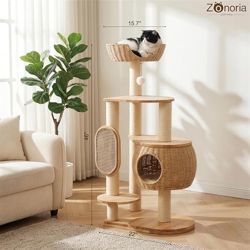 Modern Cat Tree,Cat Tower with Scratching Post, Handwoven Pumpkin Nests and Baskets,Sisal Blanket