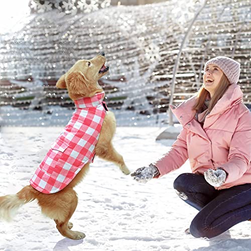 Classic Plaid Fleece Dog Coat - Windproof Warm Jacket with Pocket, Winter Pet Clothes Apparel for Small to Large Dogs (Pink, Medium) - color: Pink, size: Medium