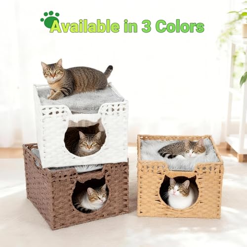 Handwoven Rattan Cat Cave w/Two Cushions, Cat Beds Indoor Kitten House, Waterproof & Foldable Pet Cube Bed, White, 16.5”L x 16.5”W x 12.6”H - color: Gray