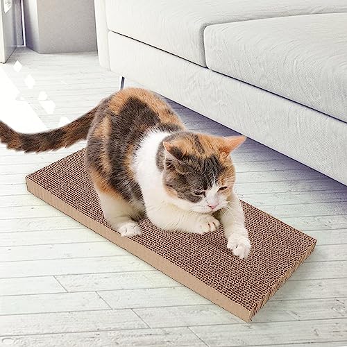 PrimePets 3-Pack Cat Scratcher Cardboard with Box, 17.3" Large Reversible Cat Scratching Pads for Indoor Cats, Heavy Duty Corrugated Cat Scratches Board, Furniture Protector for Large Cats & Kittens