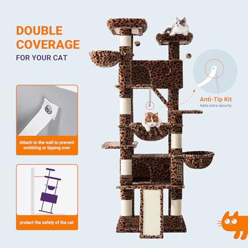 Allewie 81 Inches Tall Cat Tree/Multi-Level Large Climbing Tree House and Towers for Big Feline/Condo and Hammock/Scratching Post/Wide Base/Leopard Print - color: Leopard Print