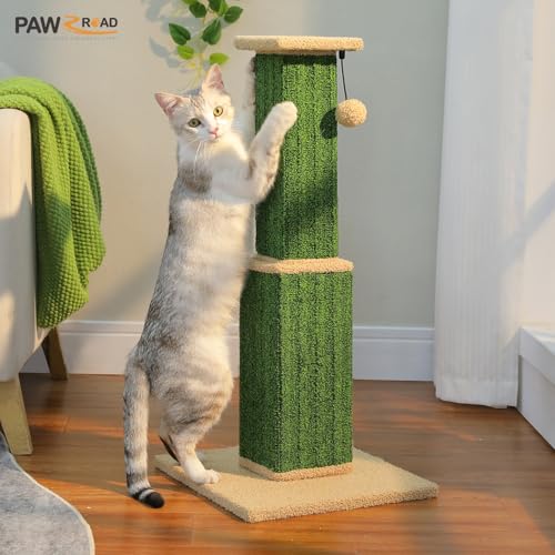 PAWZ Road Carpet Cat Scratching Post 32” Tall Scratching Post for Indoor Cats Adults Ultimate Scratch Post with Carpet, Large Base and Removable Dangling Ball- Green - color: Green