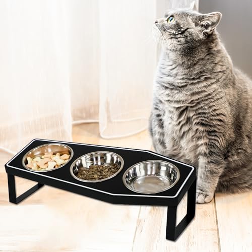 Gothic Cat Food Bowls Elevated, Raised Cat Bowls for Indoor, Non-Slip Stand & Wood Board, Stainless Steel and Whisker Friendly Food Bowls (Cat Bowl*3) - size: Cat Bowls x3
