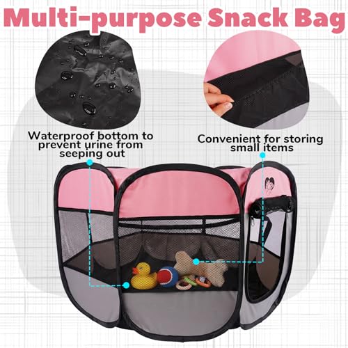 Foldable Puppy Playpen Indoor & Outdoor,Portable Small Dog & Kitten Playpen with Breathable Mesh,Easy Setup Pet Pen with Zipper Door & Carry Bag,Pop Up Puppy Playpen,Pink M - size: M