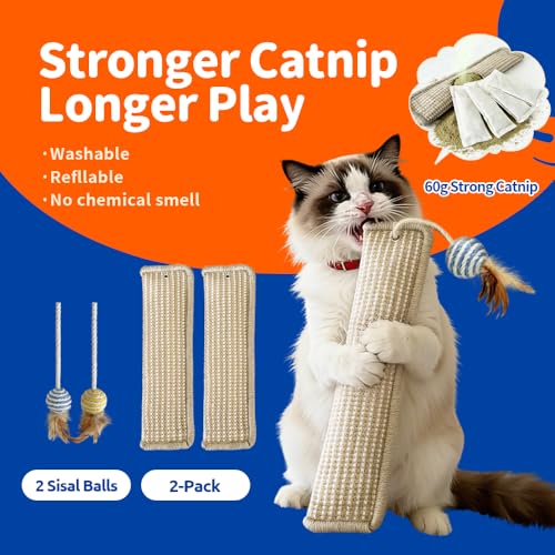 (2-Pack) Yesibeike Refillable Catnip Kicker Toy Kits, Washable Sisal Cover, 60g Catnip Pouch Each, Two Sisal Balls, Side Holes for DIY Teasers, Reinforced Stitching, Natural Odor Free Materials