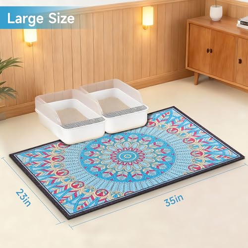 Cat Litter Mat, 35" x 23" Litter Box mat, Traps 100% Litter, Non-Slip Kitty Litter Trapping mats, Large Cute Litter mat, Easy Clean for Scatter Control, Bohe cat Food mat, Urine Waterproof - color: Blue Medallion, size: Large(35"x23")