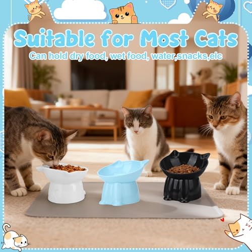 3 Pcs Elevated Cat Bowls 15°Raised Cat Food Bowl with Silicone Mat Whisker Friendly Anti Vomiting Cats Dishes Pet Food and Water Bowls for Indoor Cats Kittens, Blue, Black, White - color: Blue, Black, White
