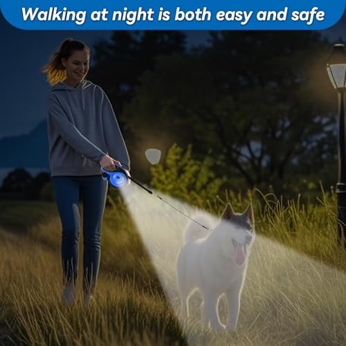 26ft Heavy Duty Retractable Dog Leash for Large Dogs, Dog Leash with Poop Bag Holder, Up to 100lbs, with LED Light, Chew Proof Cable, One-Handed Pause & Lock, 360° No Tangle. (Blue, 26Ft) - color: Blue
