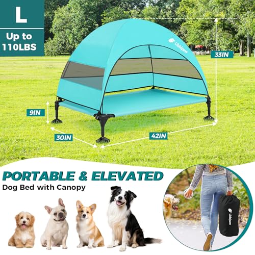 Windproof Elevated Dog Bed with Canopy & Stakes, 3-Sided 90% UV Block, Chew-Proof Teslin Mesh Mat for Large Dogs up to 150lbs(Blue Large) - color: Blue, size: Large