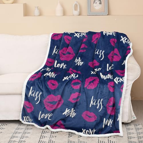 Catalonia Lips Print Sherpa Fleece Throw Blanket, Soft Mink Plush Couch Blanket, Fuzzy Fluffy Comfy Warm Throws, Comfort Caring Gift, 50x60 inches - color: Kiss Blue, size: 50"x60"
