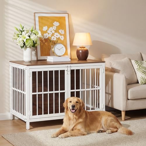 HOOBRO Heavy Duty Dog Crate Furniture, 39.4" Wooden Indoor Kennel with 3 Doors, Chew Resistant Metal Cage for Medium and Large Breeds, Dog Crate Side Table, White and Walnut WH101GW03 - color: White and Walnut, size: 39.4"l X 22.8"w X 27.8"h