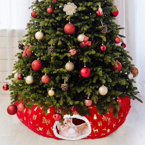 LECHONG 3-in-1 Christmas Cat Tunnel Bed & Tree Skirt, Warm & Cozy Double-Sided Fleece Hideout w/Detachable Mat, Deter Cats Damage Xmas Tree Decor, Festive Coziness