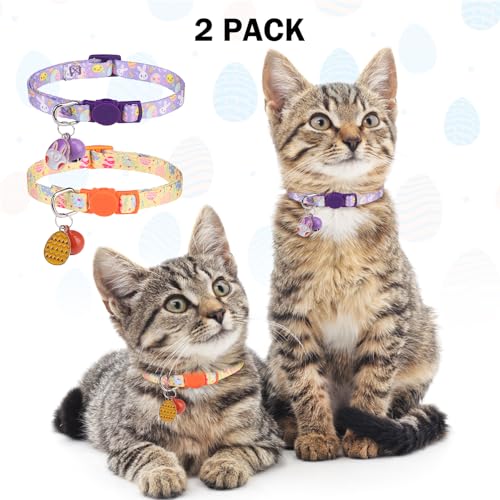 Breakaway Cat Collars for Girl Boy Cats, Spring Summer All Weather Cat Collar Personalized Pattern 2 Pack,Cute Classic Safety Buckles and Bells,Adjustable Printed Nylon Colorful Kitten Collar - color: Easter