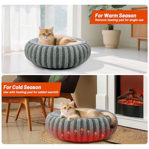 Toove Heated Cat Bed Indoor - Heating Donut Pet Bed for Cats and Small Dogs, Ultra Soft & Cozy Sleeping Cat Beds, Machine Washable, Safe Warming with Timer and Temperature Control, 20''x20''x6'' Small