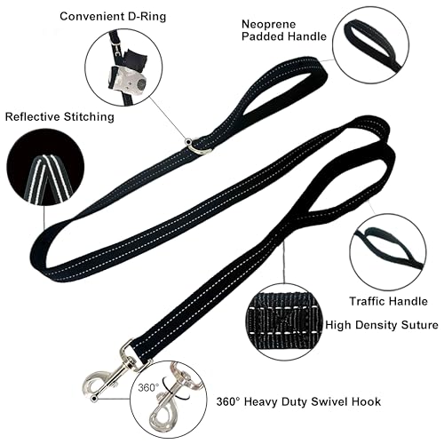 Dual Padded Handle Standard Dog Leashes with Reflective Stitching,360° Rotatable Heavy Duty Metal Buckle,D-Ring,Durable Nylon,for Medium Sized Dogs from 20 to 60 Pounds Walking and Training Black 5Ft - color: Black, size: 5Ft