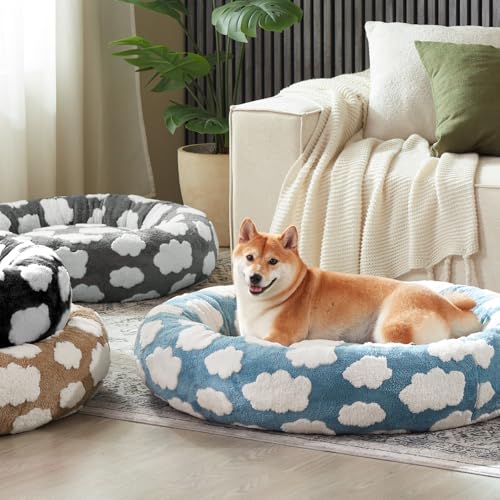JOEJOY Donut Large Dog Bed, Cute Round Calming Dog Bed with Removable Washable Cover, Orthopedic Pet Beds with Jacquard Shaggy Plush & Non Skid Bottom, Black - color: Blue, size: L (36x36x10)