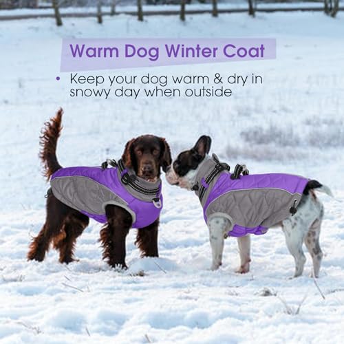 Large Winter Dog Coat, Reflective Fleece Vest with D Ring & Adjustable Buckles, Windproof and Waterproof Dog Cold Weather Coats, Turtleneck Warm Pet Garment Snowsuit Christmas - 2XL Purple - color: Purple, size: XX-Large