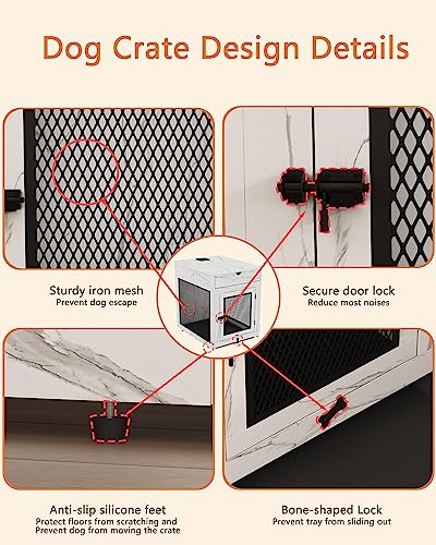 Dog Crate Furniture,Wooden Dog Crate End Table with Storage Drawer&Cushion&Tray, QC3.0 Wireless Charging,Dual USB,Small Dogs Marble White - color: Marble White, size: 25.0"L x 19.0"W x 24.0"H