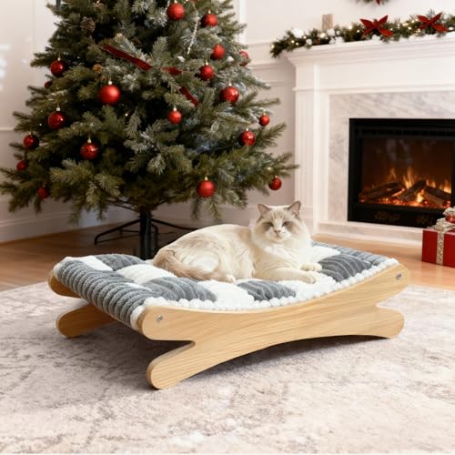 Plush Elevated Cat Bed - Cozy Raised Cat Hammock with Solid Wood Frame, Soft Furry Cushion for Indoor Cats & Small Dogs, Multi-Color Options(Black White)