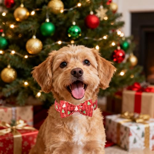 Christmas Dog Collar with Bow Tie - Cute Christmas Tree Design Red Puppy Collar, Adjustable Metal Buckle Winter Bowtie Dog Collars for Small Medium Large Dogs XS - color: B-Red Christmas Tree, size: XS