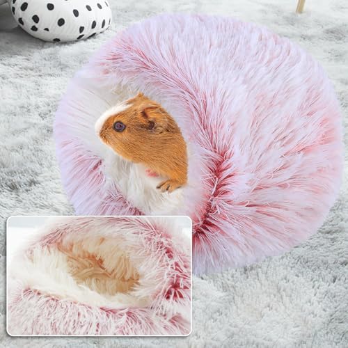 Soothing Guinea Pig Hideout, Doughnut Guinea Pig Bed with Hooded Cover, Washable Hamster Rabbit Bunny Bed, Washable Round Cave Beds for Small Animal Bunny Rabbit Hideout (Pink) - color: Pink