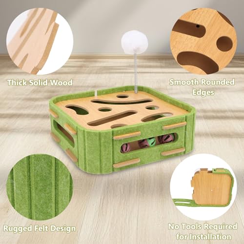 Interactive Cat Scratch Puzzle Box Wooden Enrichment Toy Intelligence Treat Kitten Maze Puzzle Toy with Jingle Balls and Wands Mental Stimulation Games for Bored Indoor Cats