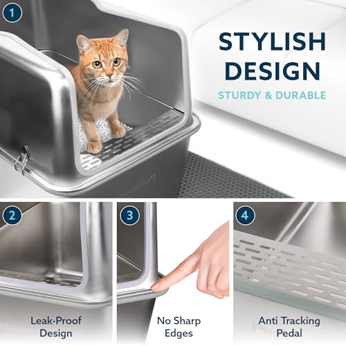 2 Pack XXL All Stainless Steel Litter Box Lid 30L Enclosed 16" Tall Walls Leak Proof Seal NonStick Splash Guard Top Removable Cover System Large Multi Cats Scoop Mat Extra Large Metal Cat Litter Box