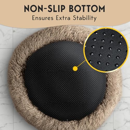 PetJett Large Dog Bed - 36'' Calming Donut Dog Beds, Anti-Slip & Washable Large Round Bed, Fluffy Faux Fur Pet Bed, Super Soft Anti-Anxiety Premium Comfort Bed, Fits Dogs up to 80 lbs - Beige - color: Beige, size: Large - 36”L x 36”W x 8”Th