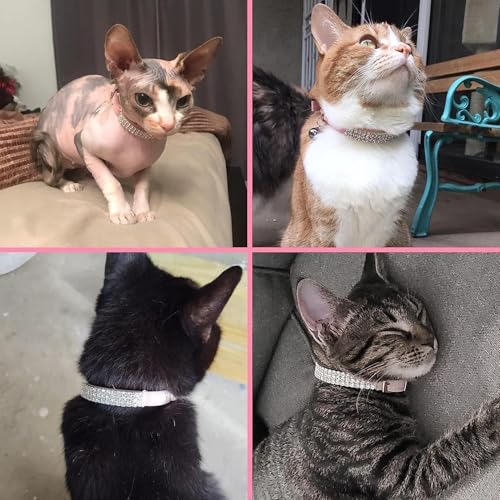 BINGPET Diamond Cat Collar,Adjustable Soft Velvet Leather Safe Kitten Collar with Shiny Rhinestones and Bells,Girl Boy Bling Cat Collars with Safety Elastic for Small Medium Cats Pack of 2(Pink) - color: Pink(Heart & Rhinestones), size: Neck Girth 8"-10"