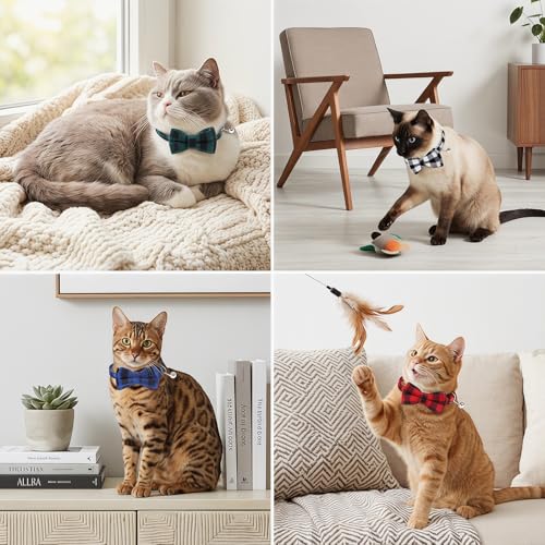 6 Pcs Cat Collar Breakaway with Bow Tie and Bell Kitten Collars Removable Bowtie Plaid Cat Collar for Cats Kittens Puppy (Vintage) - style: vintage