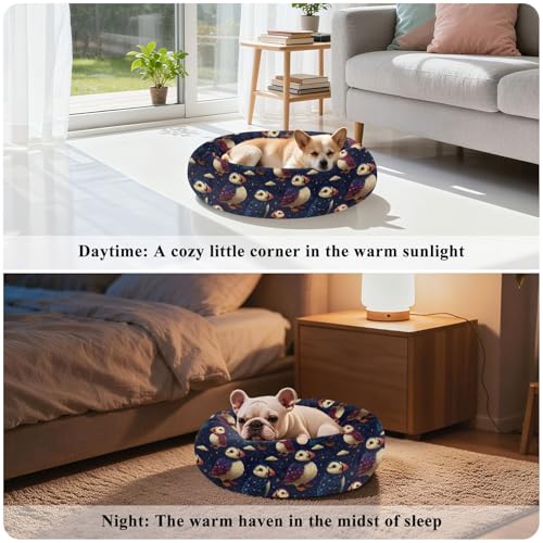 Calming Donut Dog Bed Puffins Blue Purple Design, 22" Washable Pet Lounger with Removable Cover, Cozy Cushion Comfort Nest for Medium Dogs - size: Medium