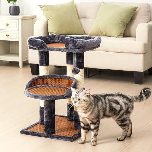 Multi-Level Cat Tower with Scratching Posts, Cat Tree with Double Cat Bed & Hanging Toys, Cute Climbing Tower with Sisal Scratcher for Kittens & Adult Cats, Grey - color: Grey