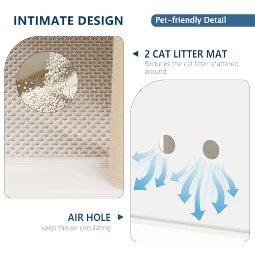 Double Cat Litter Box Enclosure Furniture for 2 Cats – 2-Tier Modern Farmhouse Cabinet, Mark Post, Odor Control, Hidden Washroom, Litter Mats, Dog-Proof Storage, End Table – Slotted Door White
