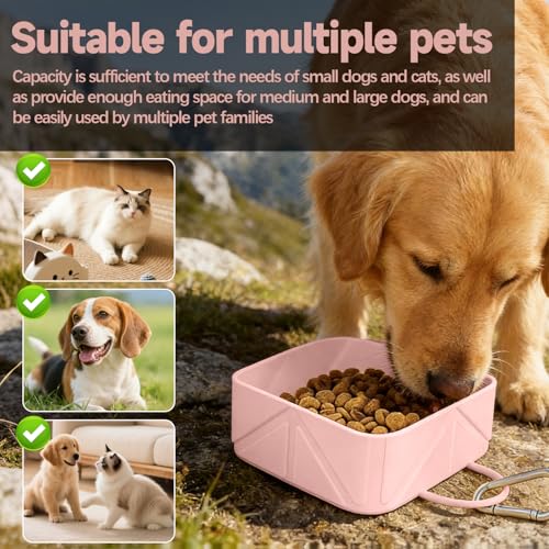 Collapsible Pet Bowls for Dogs and Cats, Portable Travel Silicone Foldable Dog Water Food Bowl with Carabiner 10.5x10.5x4.5cm - color: pink