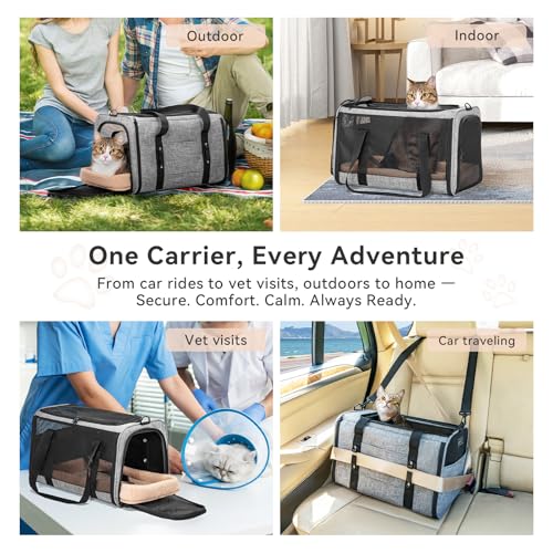 PETSFIT Soft-Sided Cat Carrier with Patented Safety Buckles, Lockable Zippers & Safety Tether,Escape-Resistant Travel Pet Carrier for Car Rides & Vet Visits, Airline Approved Under-Seat, Up to 12 lbs - color: Gray, size: Medium