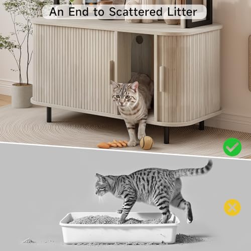 ONBRILL 54 Inch Hidden Litter Box Furniture with Shelves and Outlets,Fluted Cat Litter Box Enclosure, Mid-Century Modern Wooden Cat House with Sliding Tambour Door and Hooks, White - color: White
