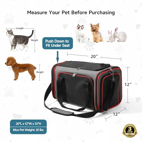 EliteField Soft-Sided Pet Carrier (3-Year Warranty, Airline Approved), Foldable Travel Bag with Removable Fleece Bed for Dogs, Cats & Small Pets, Scratch-Resistant Mesh - color: Gray, size: 20.0"L x 12.0"W x 12.0"H
