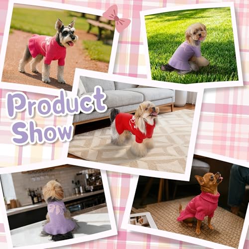 Bowknot Dog Sweater Dress for Small Dogs Girl, Stretchy Pet Sweaters Pullover Coats, Fall Winter Warm Dog Turtleneck Sweater (Purple, L) - color: Purple, size: Large (15-22lbs)